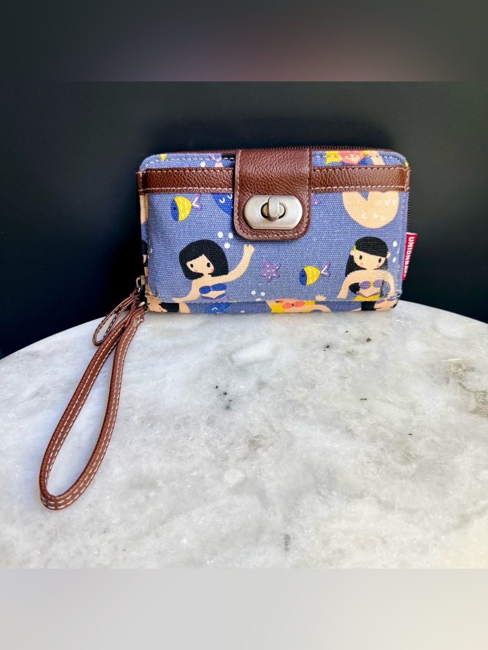 Unionbay Mermaid Sea Life Print Canvas Zip Around Wallet w/Wrist Strap